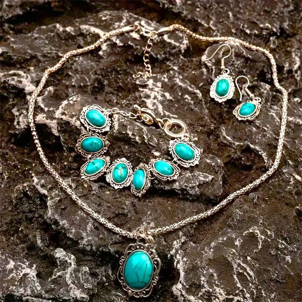 Turquoise Necklace Earrings Bracelet 4pc Boho Native Stylish Glam Lucky Trendy - Picture 3 of 6